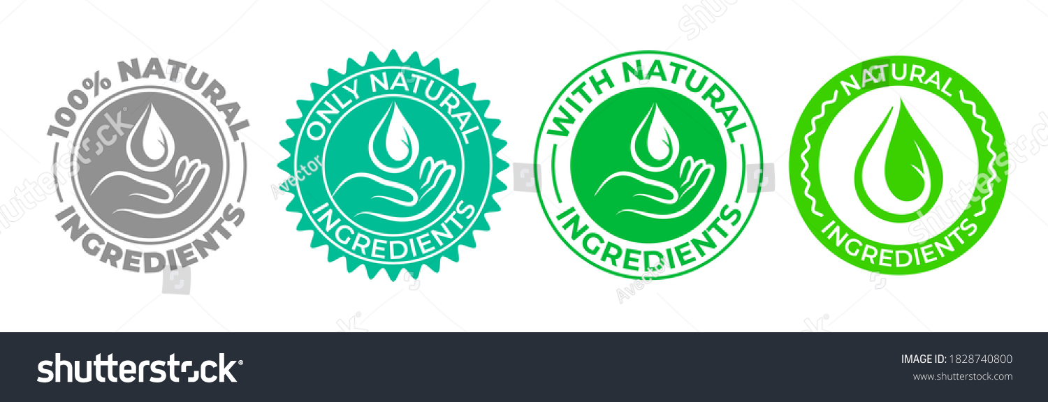 Natural ingredients product icon, green organic bio vector logo with hand and water drop. 100 percent only natural ingredients made, pure organic eco label certificate stamp for natural products #1828740800