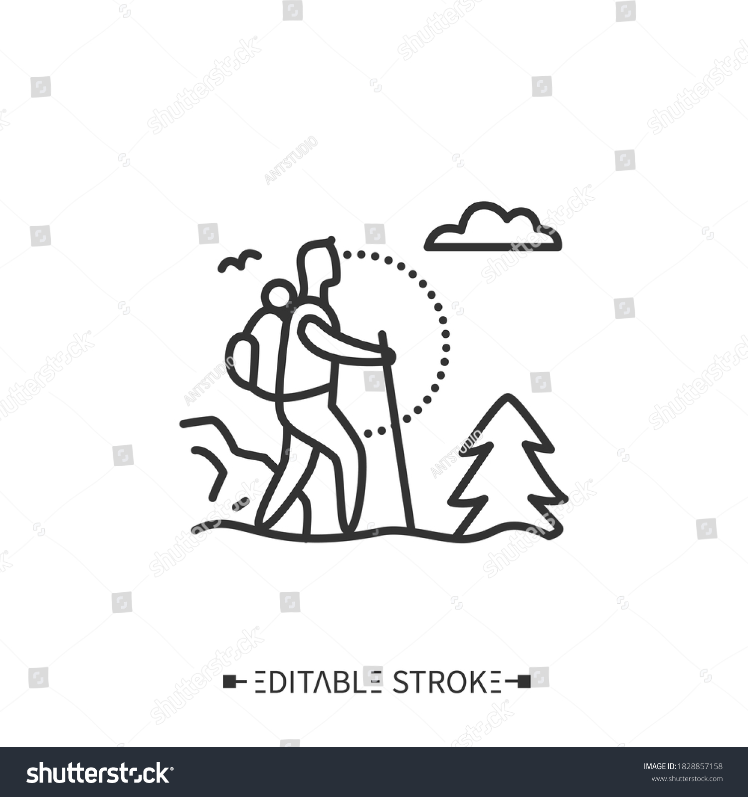 Trekking line icon. Adventure tourism. Mountain tourism. Backpacking. Long distance walking trip with camping stops. Mount climbing.Tourism types concept. Isolated vector illustration.Editable stroke  #1828857158