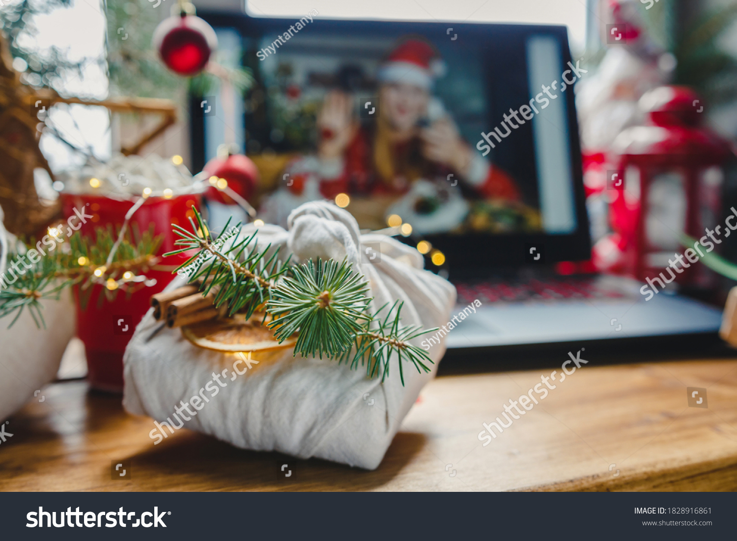 Christmas online holiday remote celebration X mas new year in lockdown coronavirus quarantine covid 19 new normal, social distance, remote communication, stay home vocation, selective focus #1828916861