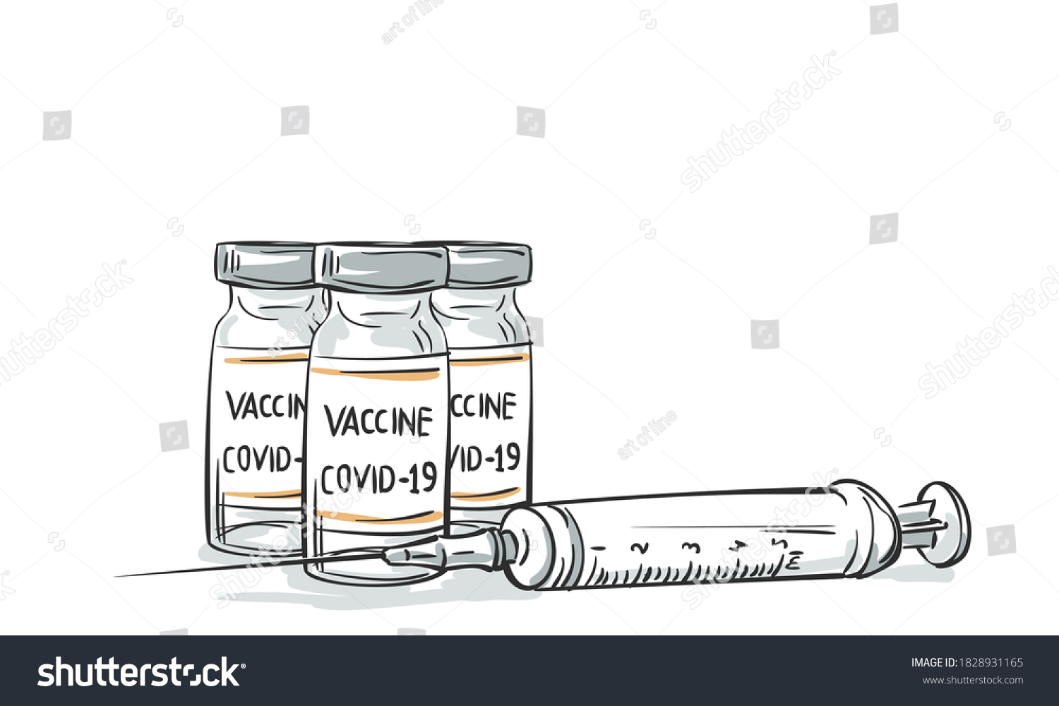 Coronavirus vaccine vials medicine bottles syringe vector drawing. Hand drawn ampoules for injection to fight against coronavirus. Vaccination, immunization, treatment 2019-ncov Covid-19  #1828931165