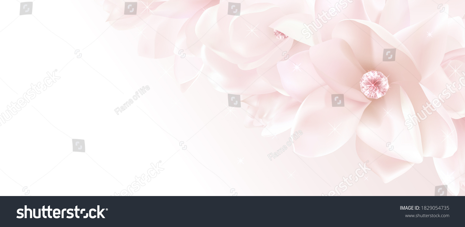 Gift certificate, Voucher template with realistic pink magnolia flower bouquet. Vector romantic floral background for wedding invite design, beautiful holiday invitation card, gathering or coupon #1829054735