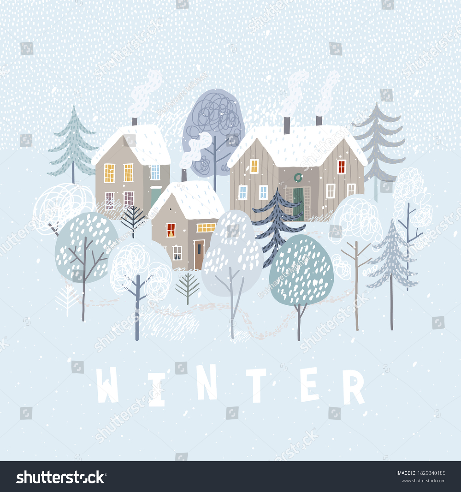 Cute winter landscape. Winter poster. Lovely houses in the winter forest. #1829340185