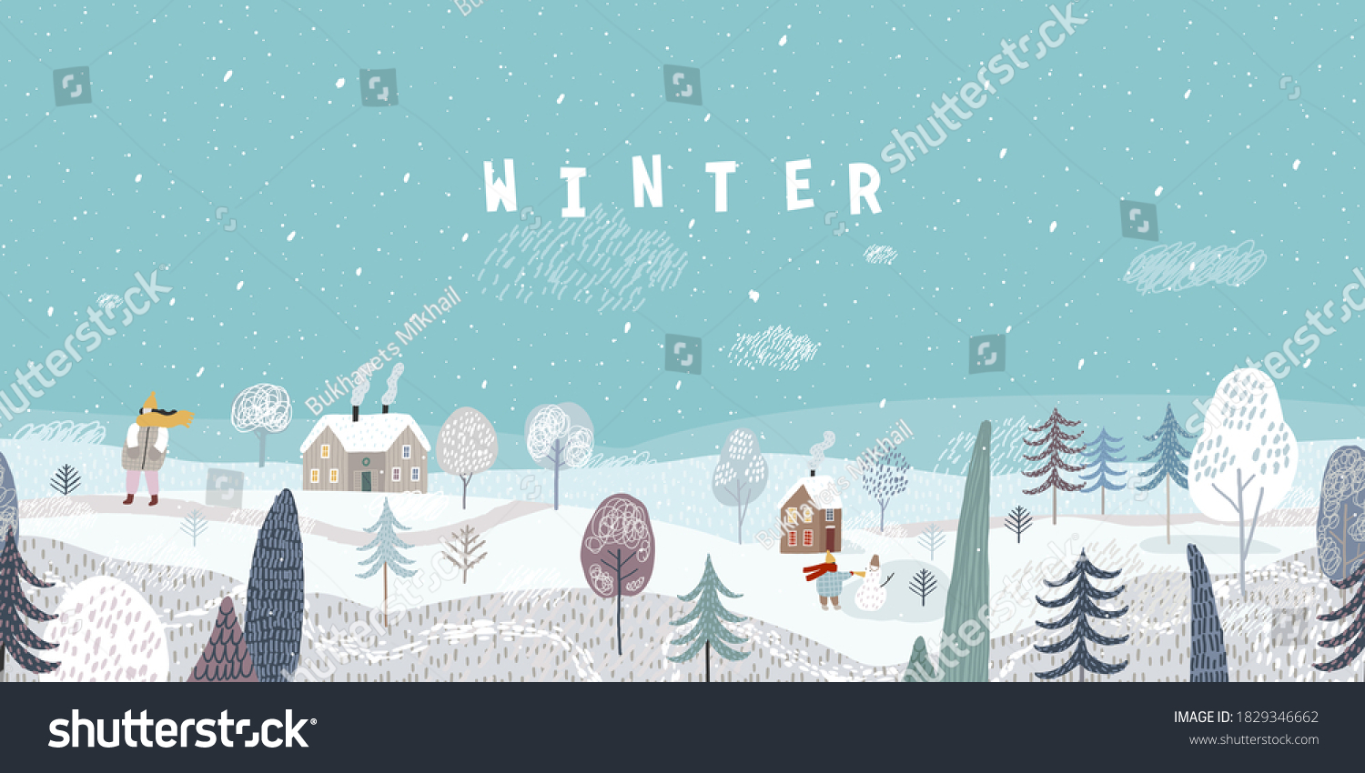 Cute winter landscape. Winter banner. Winter walk. Lovely houses in a snowy valley. Horizontal seamless landscape. #1829346662
