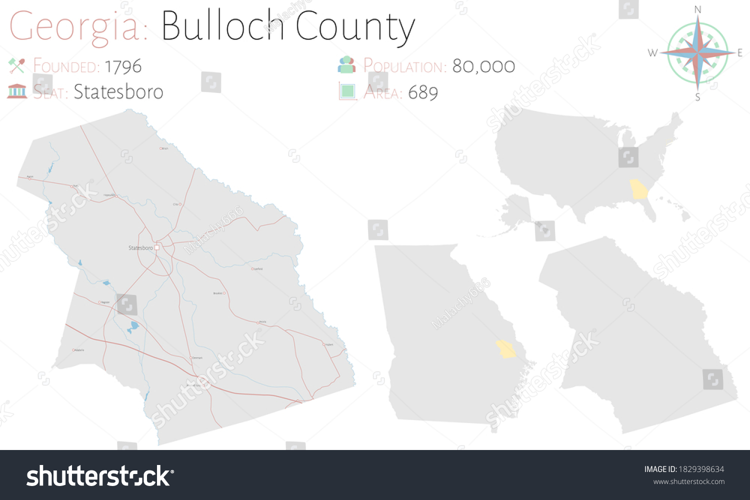 Large and detailed map of Bulloch county in Royalty Free Stock Vector