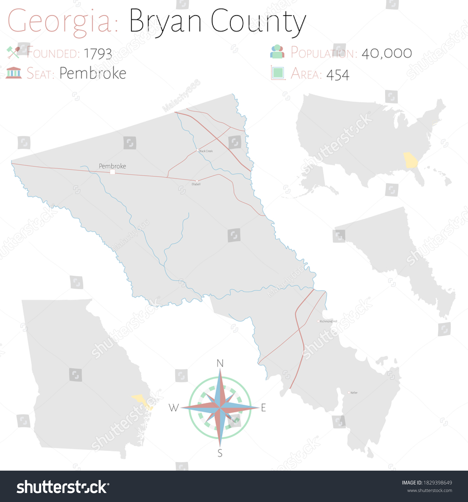 Large and detailed map of Bryan county in - Royalty Free Stock Vector ...