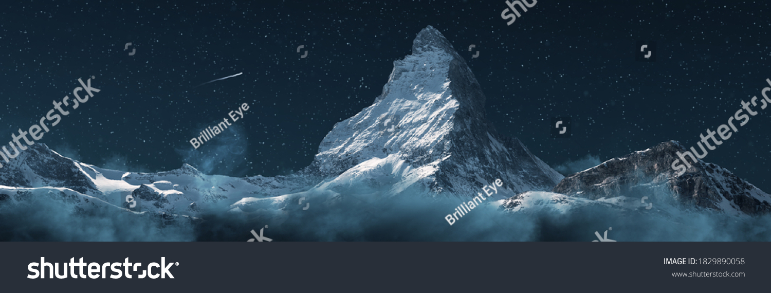 panoramic view to the majestic Matterhorn mountain at night with shooting star #1829890058