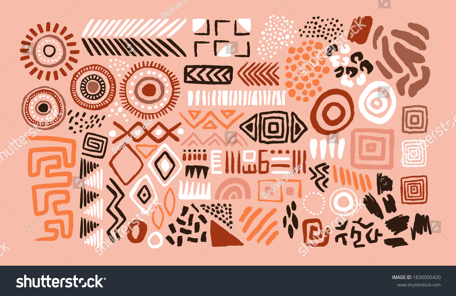 Abstract african art shapes collection, tribal doodle decoration set. Random ethnic shapes, animal print texture and traditional hand drawn icons. #1830005420