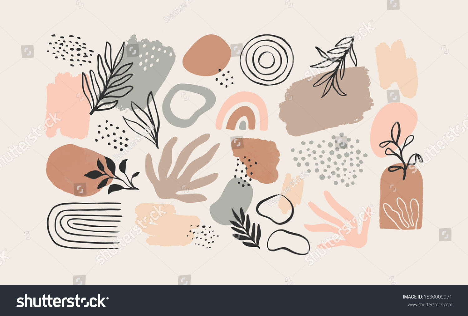 Minimalist abstract nature art shapes collection. Pastel color doodle bundle for fashion design, summer season or natural concept. Modern hand drawn plant leaf and tropical shape decoration set. #1830009971
