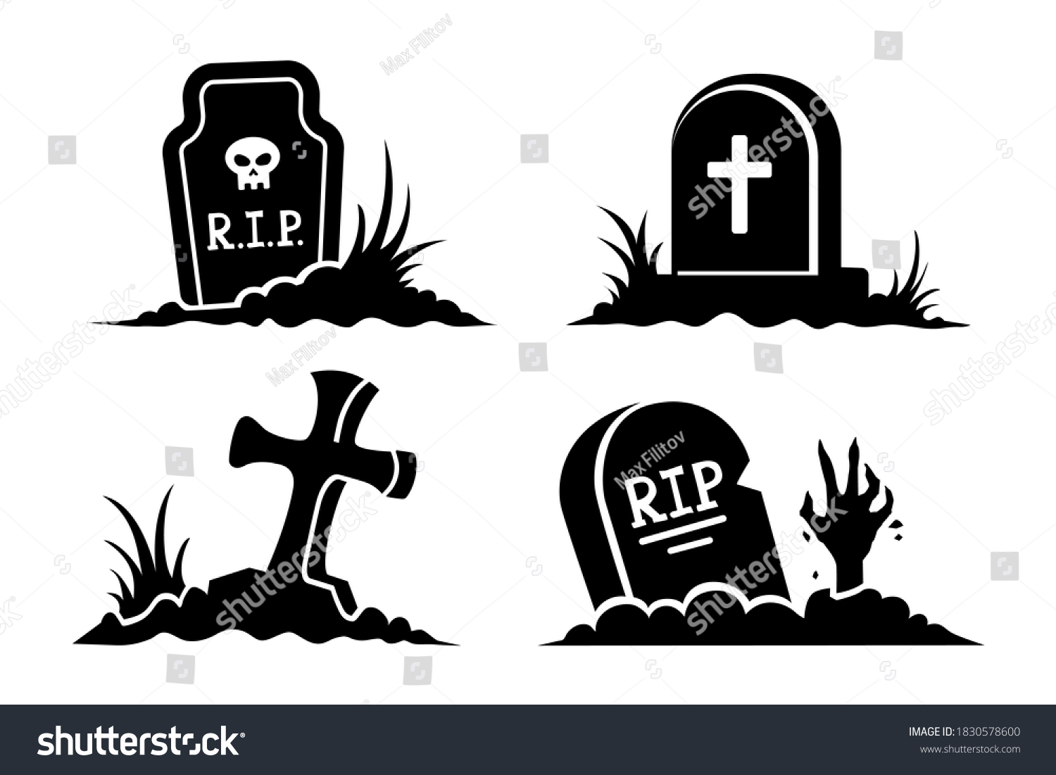 Grave. Graveyard elements icons. Halloween stickers. Black silhouettes and icons of graves in vector set. Gravestones of different shapes and cross isolated on white background. #1830578600
