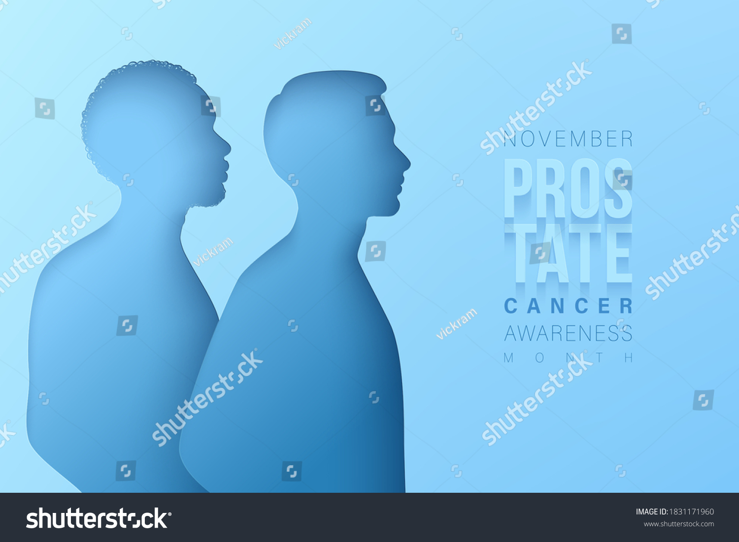 November prostate cancer awareness month. Paper cut black man and white man silhouettes on a blue backdrop. Men healthcare concept #1831171960