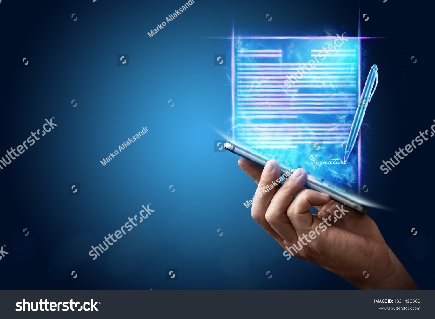 Male hand and modern smartphone hologram contract. Concept for electronic signature, business, remote collaboration, copy space. Mixed media #1831493860