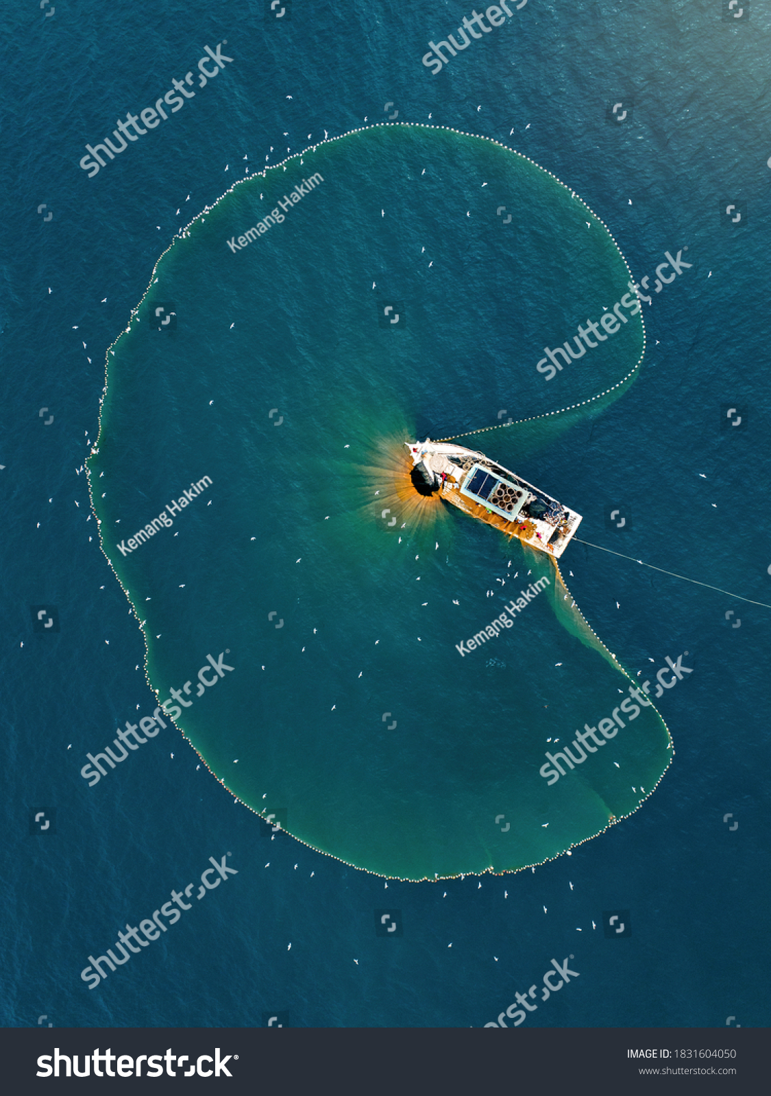 Aerial view fisherman catching fish using net at the ocean. #1831604050