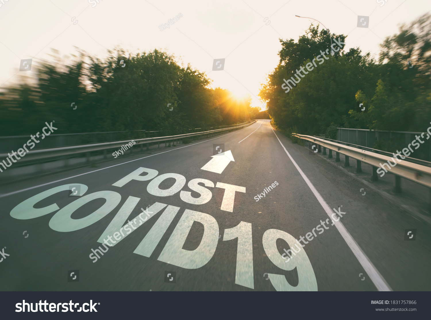 The empty road in the forest and the text on the asphalt "Post covid19". #1831757866