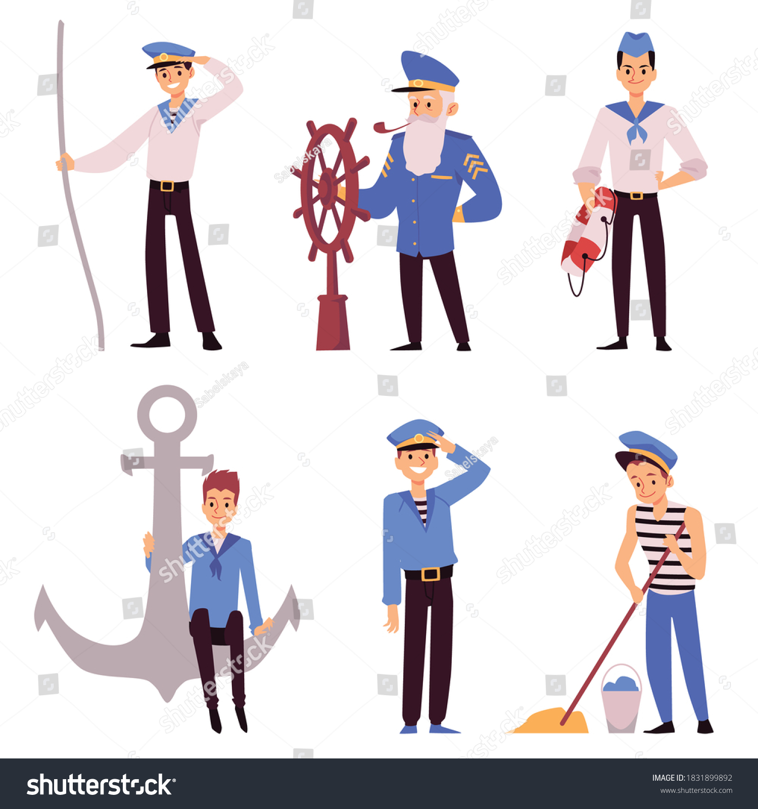 A set of cartoon characters of sailors and a captain in form in various situations. The seamans working on board. Flat vector illustrations isolated on a white background #1831899892
