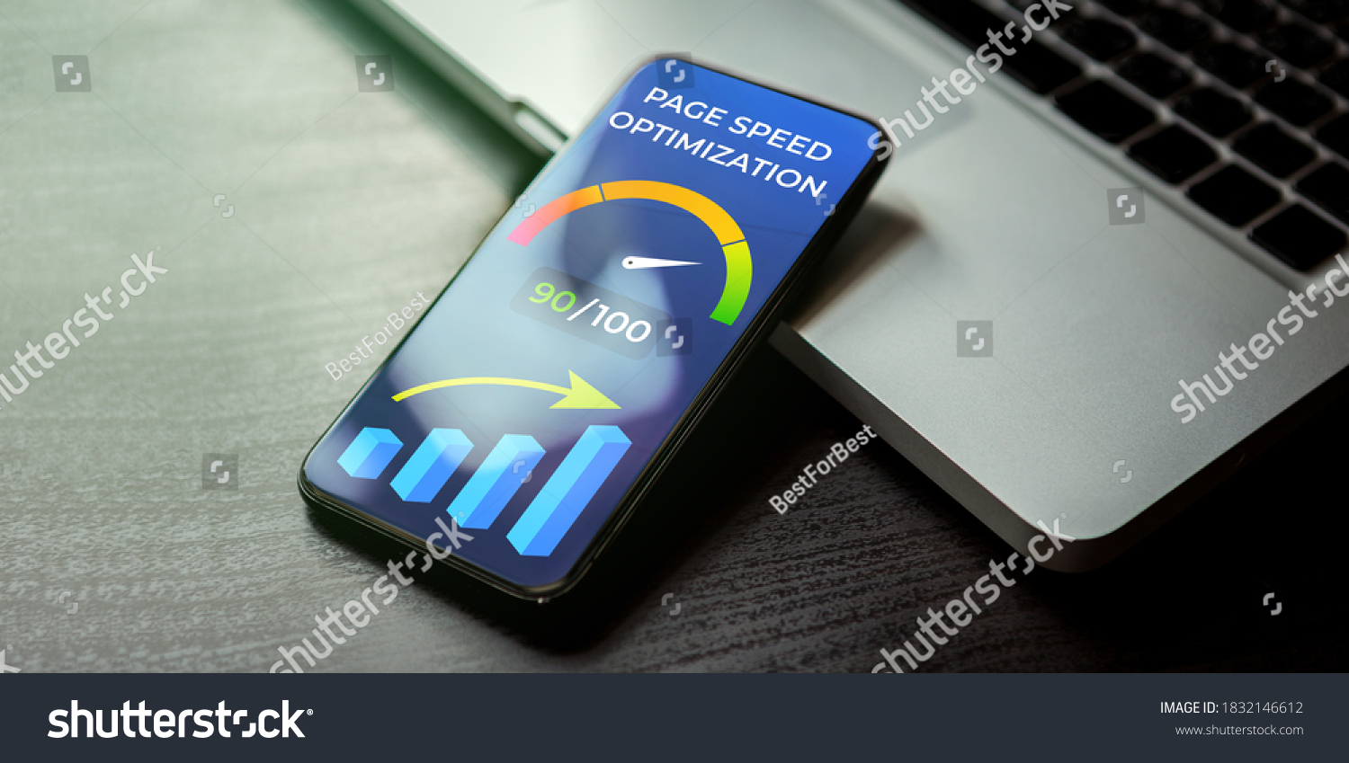 Mobile Page Speed Optimization concept. Website Page Speed Loading Time image for internet SEO. Mobile phone lying on a wooden table next to the laptop and on the screen accelerometer with high values #1832146612