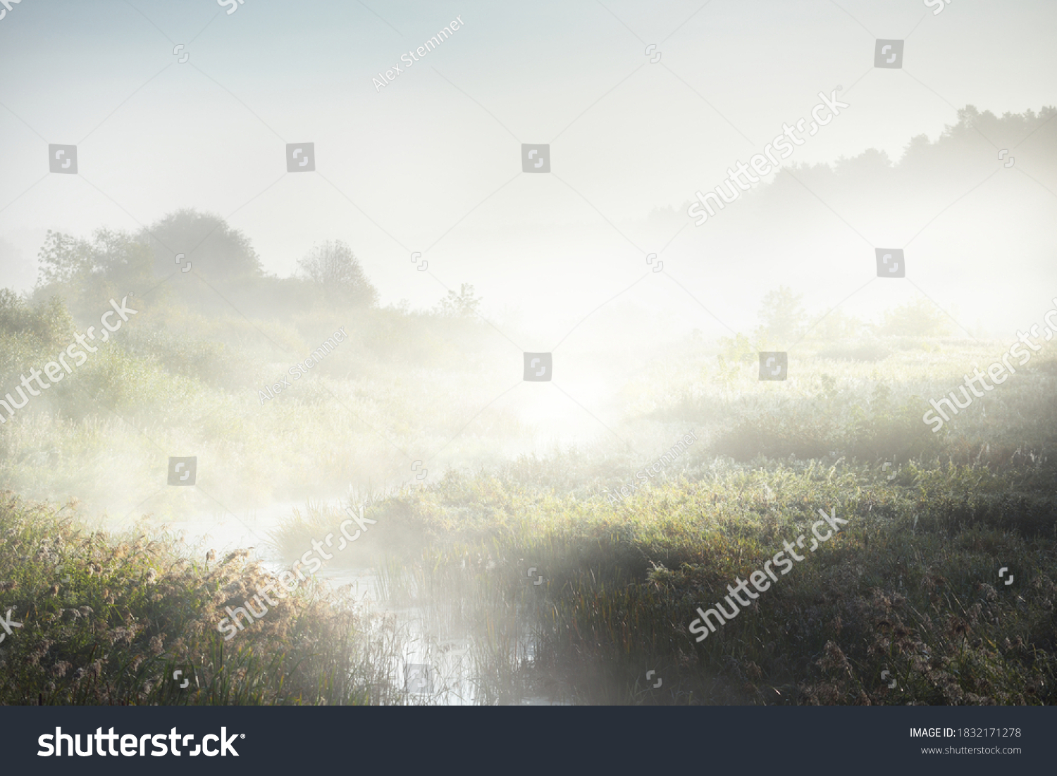 Picturesque scenery of a small river (bog) near the forest at sunrise. Morning fog, haze, sunbeams. Early autumn. Atmospheric landscape. Idyllic rural scene. Pure nature, ecology, environment #1832171278