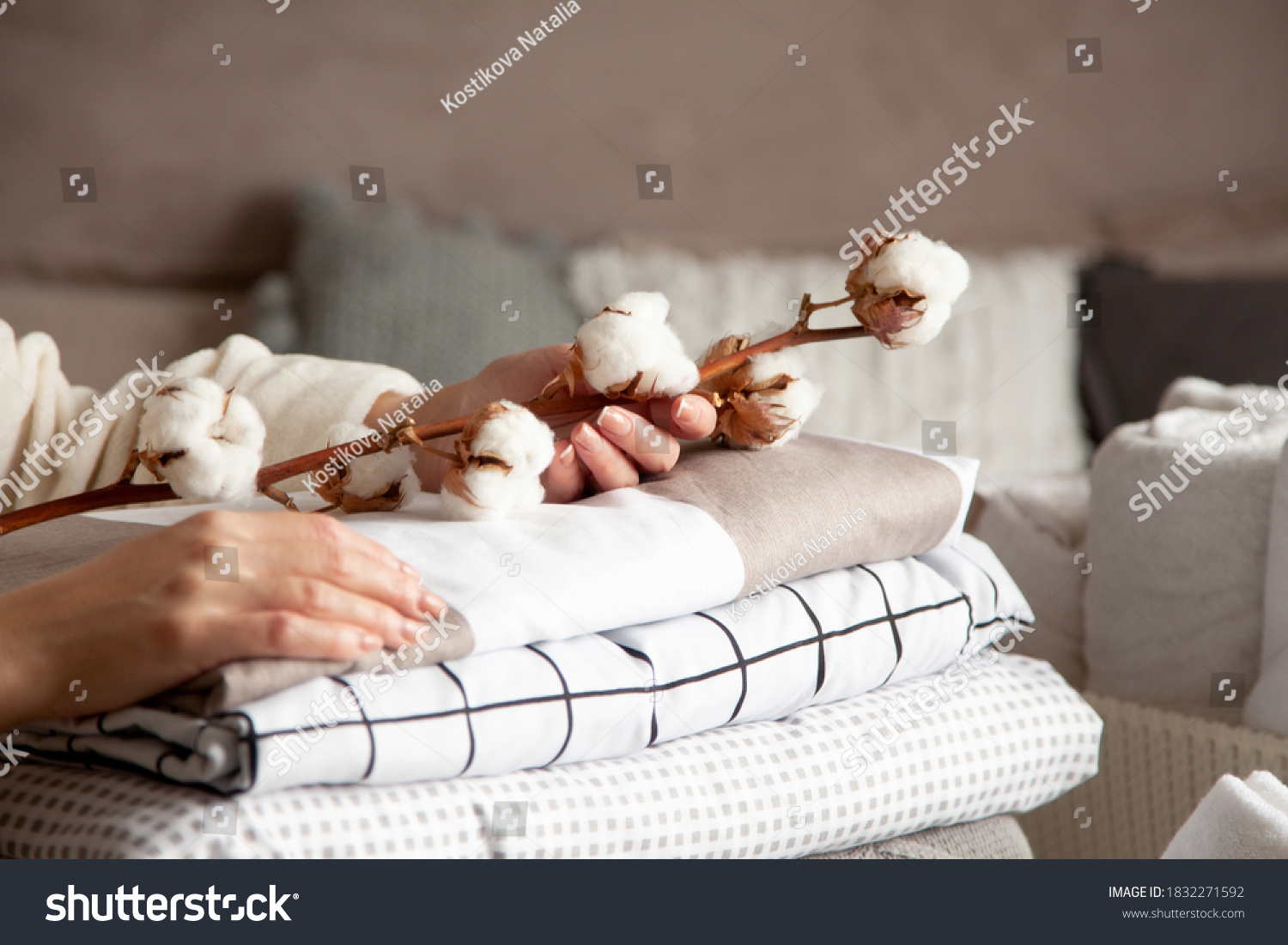 Well groomed woman hands holding the cotton branch with pile of neatly folded bed sheets, blankets and towels. Production of natural textile fibers. Manufacture. Organic product. #1832271592