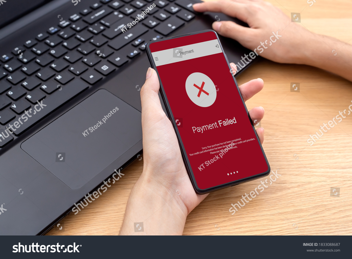 Female using mobile phone online payment failed on red screen, declined transaction invalid purchase. payment failed error try again, Concept banking online shopping mobile payment. #1833088687