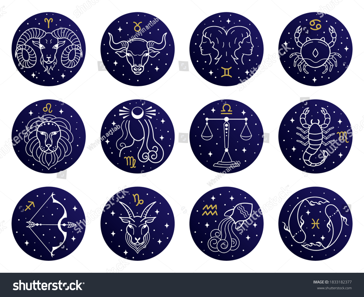 Astrological zodiac signs. Aries, taurus, leo and gemini horoscope, virgo, scorpio, libra, aquarius zodiac, sagittarius, pisces, capricorn, cancer vector symbols. Constellations on blue #1833182377
