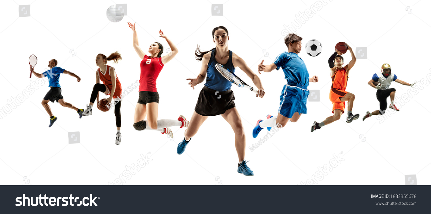 Collage of different professional sportsmen, fit men and women in action and motion isolated on white background. Made of 5 models. Concept of sport, achievements, competition, championship. #1833355678
