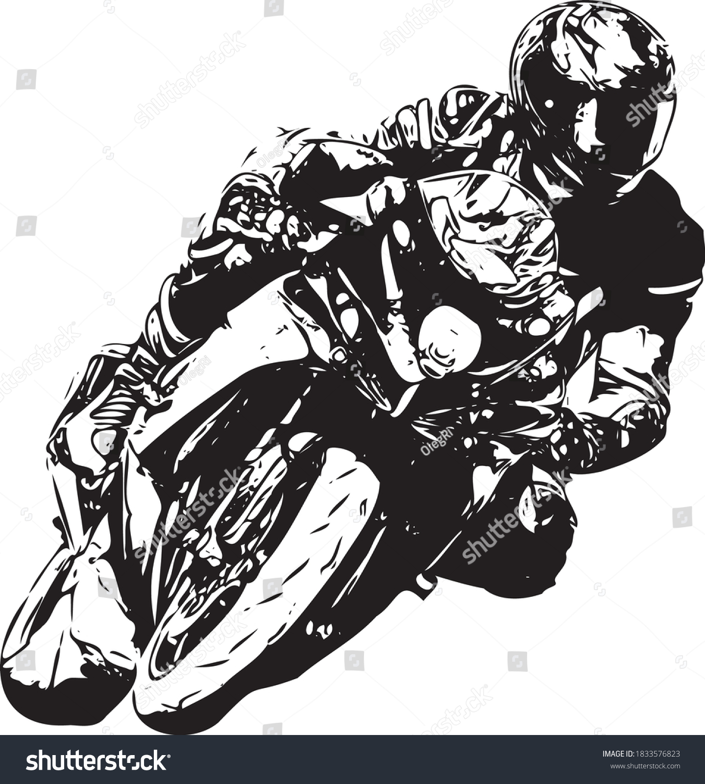 Motorcyclist at sport bike rides by empty asphalt road. sport bike. Vector #1833576823