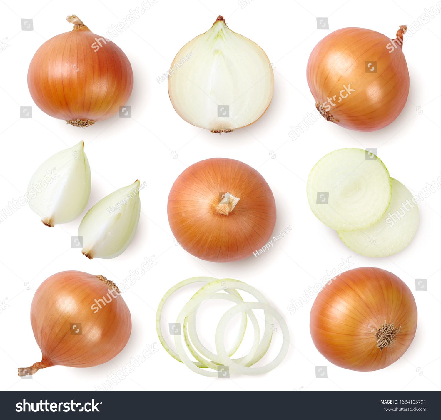 Whole and sliced onion bulbs isolated on white background. Top view. #1834103791