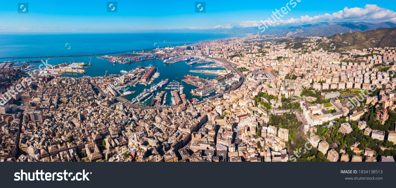 Genoa port aerial panoramic view. Genoa or Genova is the capital of Liguria region in Italy. #1834138513