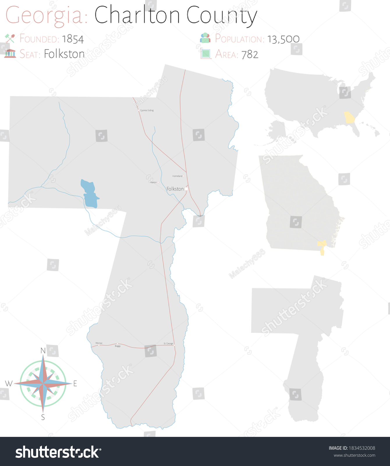 Large and detailed map of Charlton county in - Royalty Free Stock ...