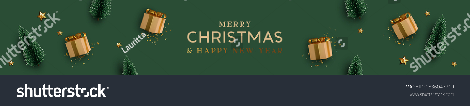 Christmas banner. Background Xmas design of realistic beige gifts box, decorative green tree pine, gold star, golden tinsel confetti. Horizontal Christmas header for website template, flat top view. #1836047719