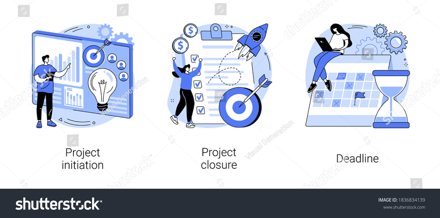 Project lifecycle abstract concept vector illustration set. Project initiation and closure, deadline, documentation, business analysis, stakeholder approval, work time, due date abstract metaphor. #1836834139