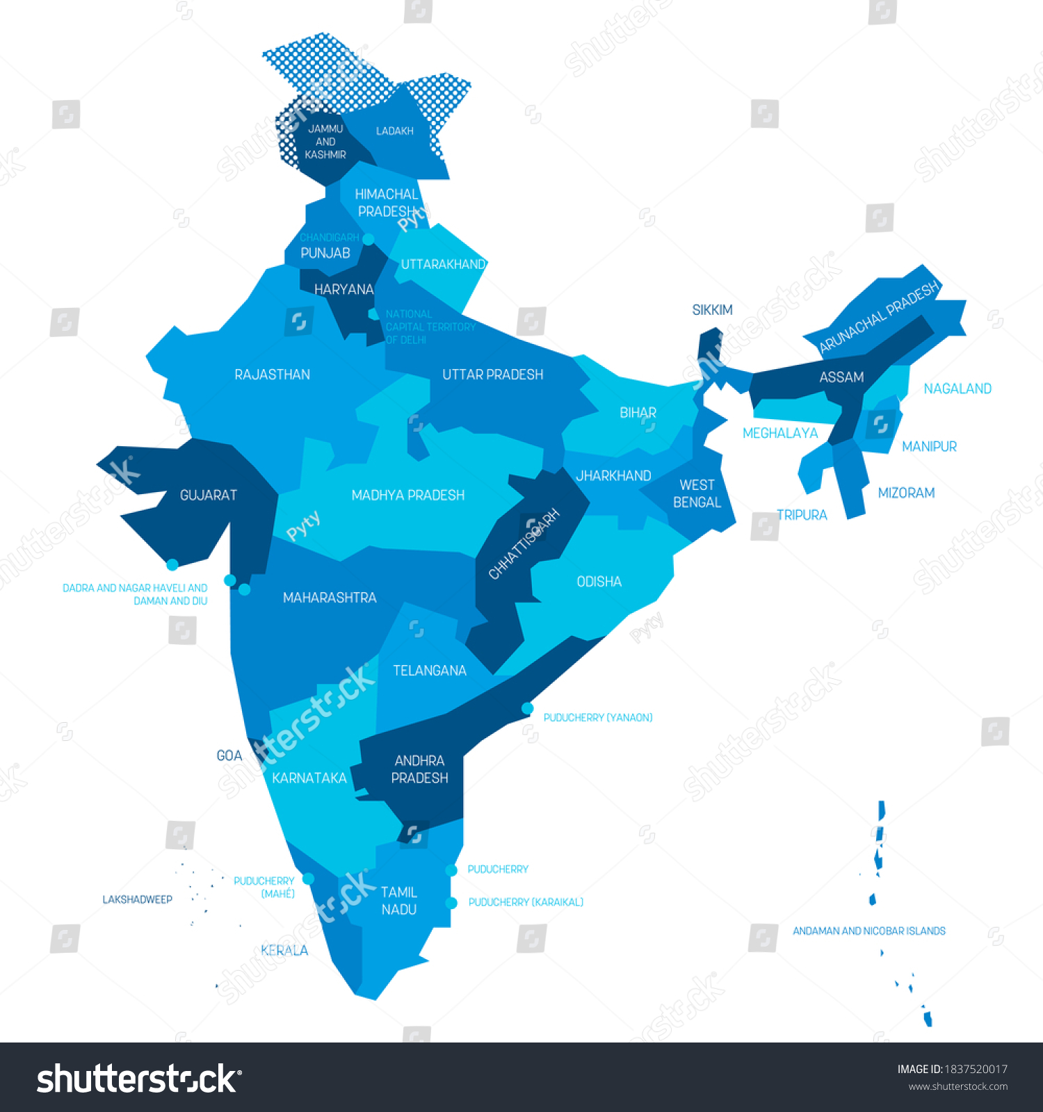 Blue political map of India. Administrative - Royalty Free Stock Vector ...