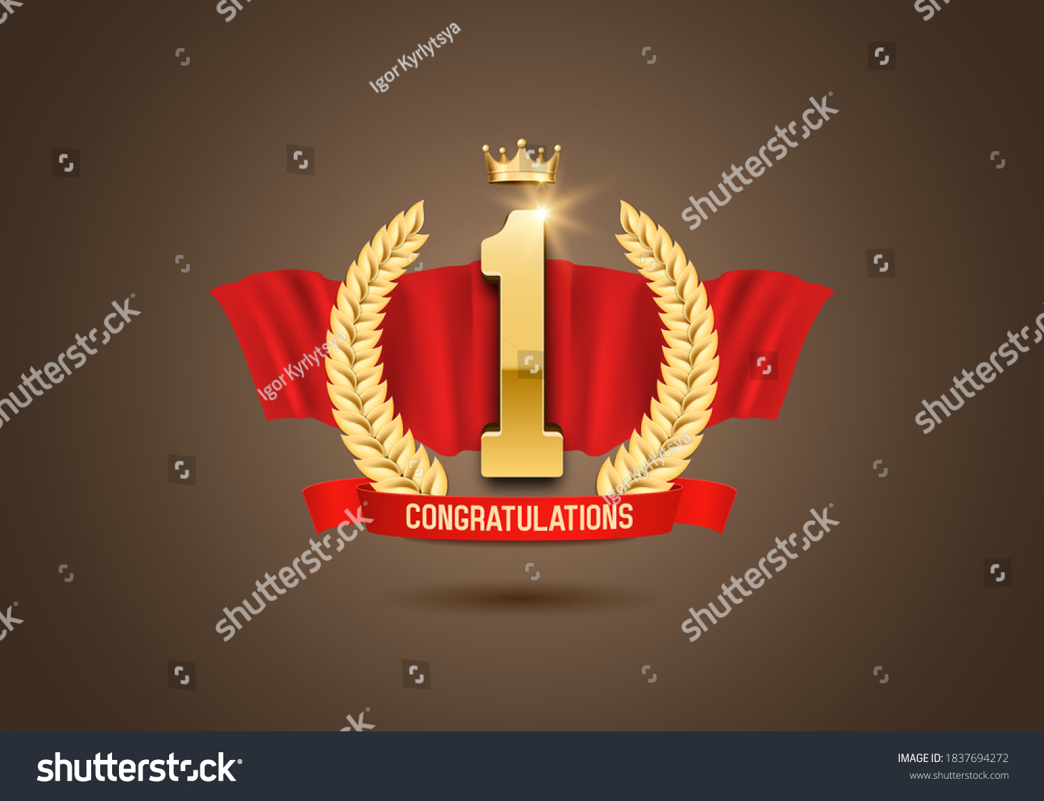 Winner award. Number one. Golden laurel wreath with crown and red ribbon. Vector illustration. #1837694272