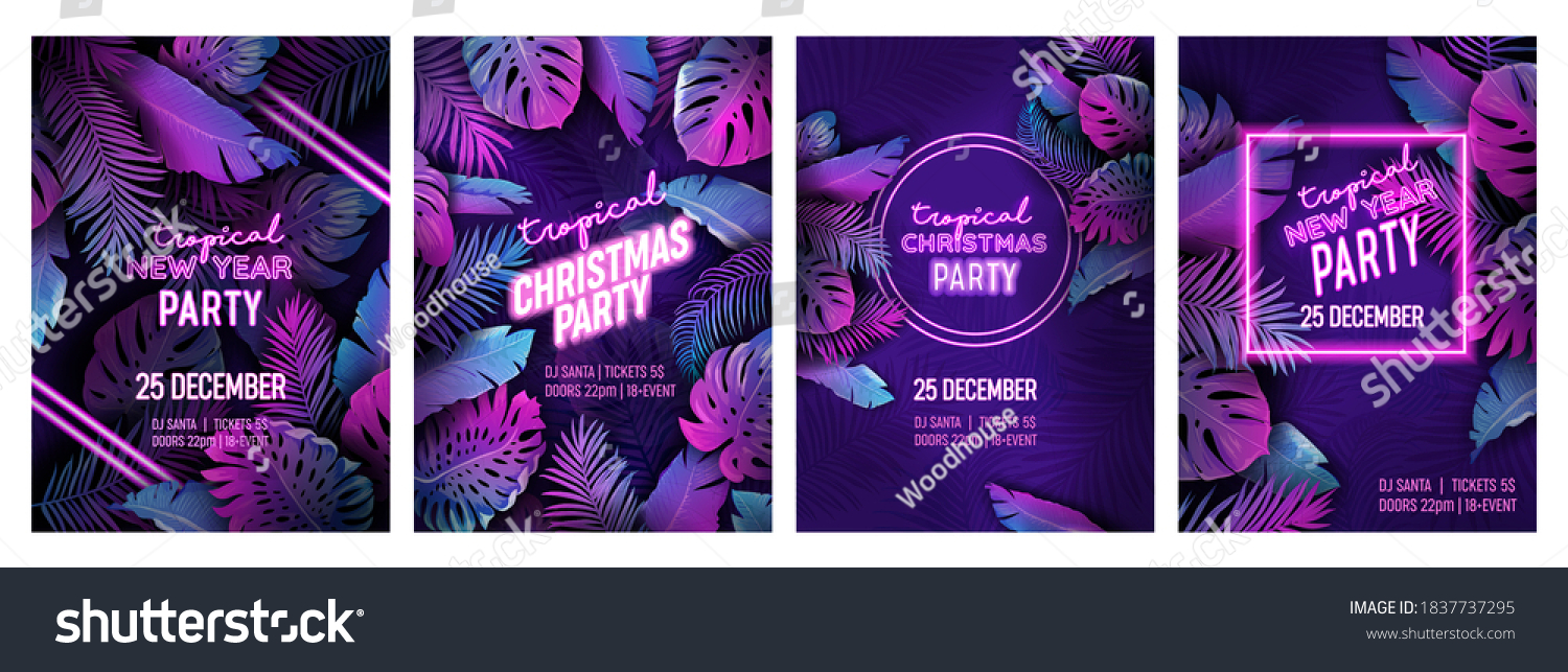 Tropic Christmas party neon flyer set, vibrant vector New Year holiday poster. Disco monstera palm leaves design, winter beach holidays tropical background. Paradise purple template illustration