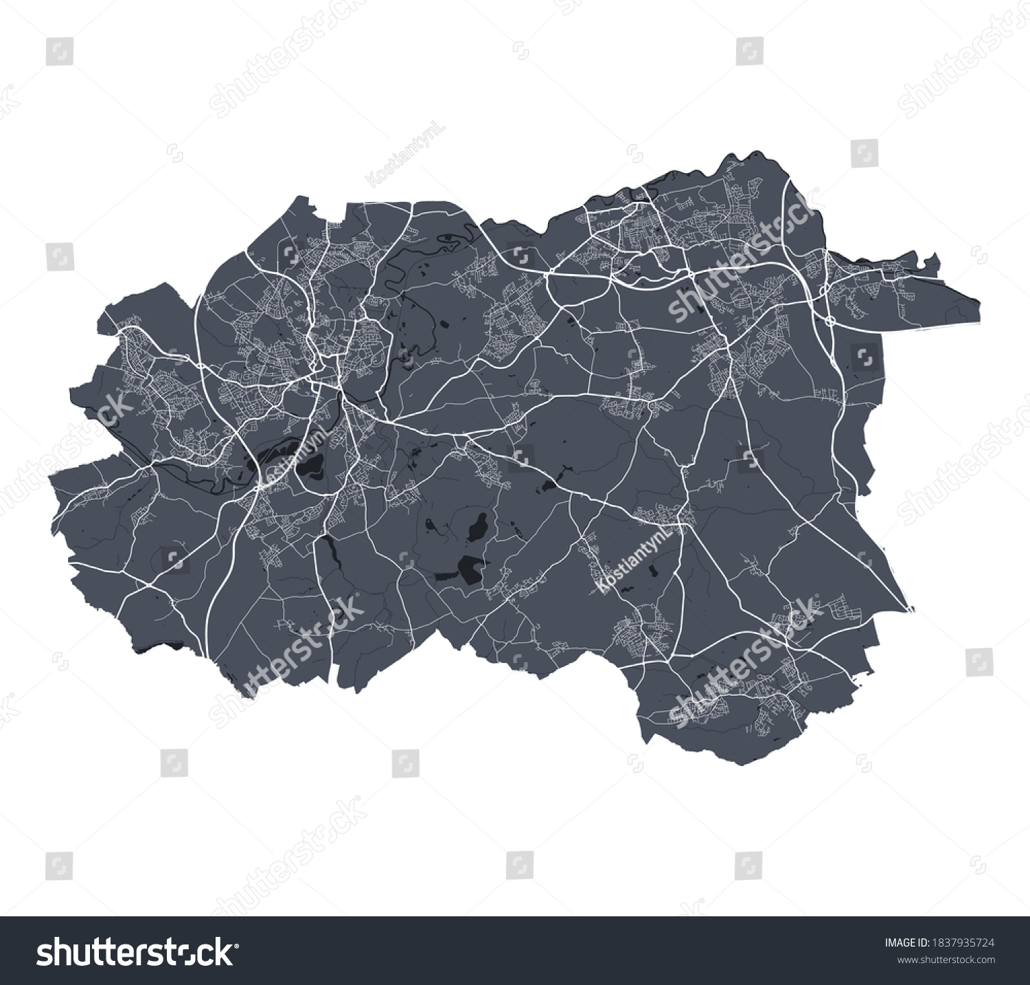 Wakefield map. Detailed vector map of Wakefield city administrative area. Cityscape poster metropolitan aria view. Dark land with white streets, roads and avenues. White background. #1837935724