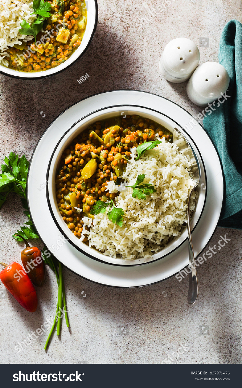indian lentil dhal with vegetables and basmati rice on the table. healthy vegan Ayurvedic cuisine #1837979476