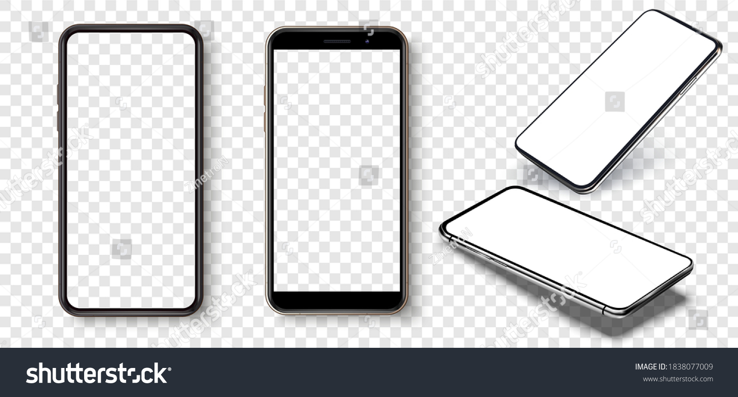 Smartphone frame less blank screen, rotated position. Smartphone from different angles. Mockup generic device. UI/UX smartphones set. Template for infographics or presentation 3D realistic phones. #1838077009