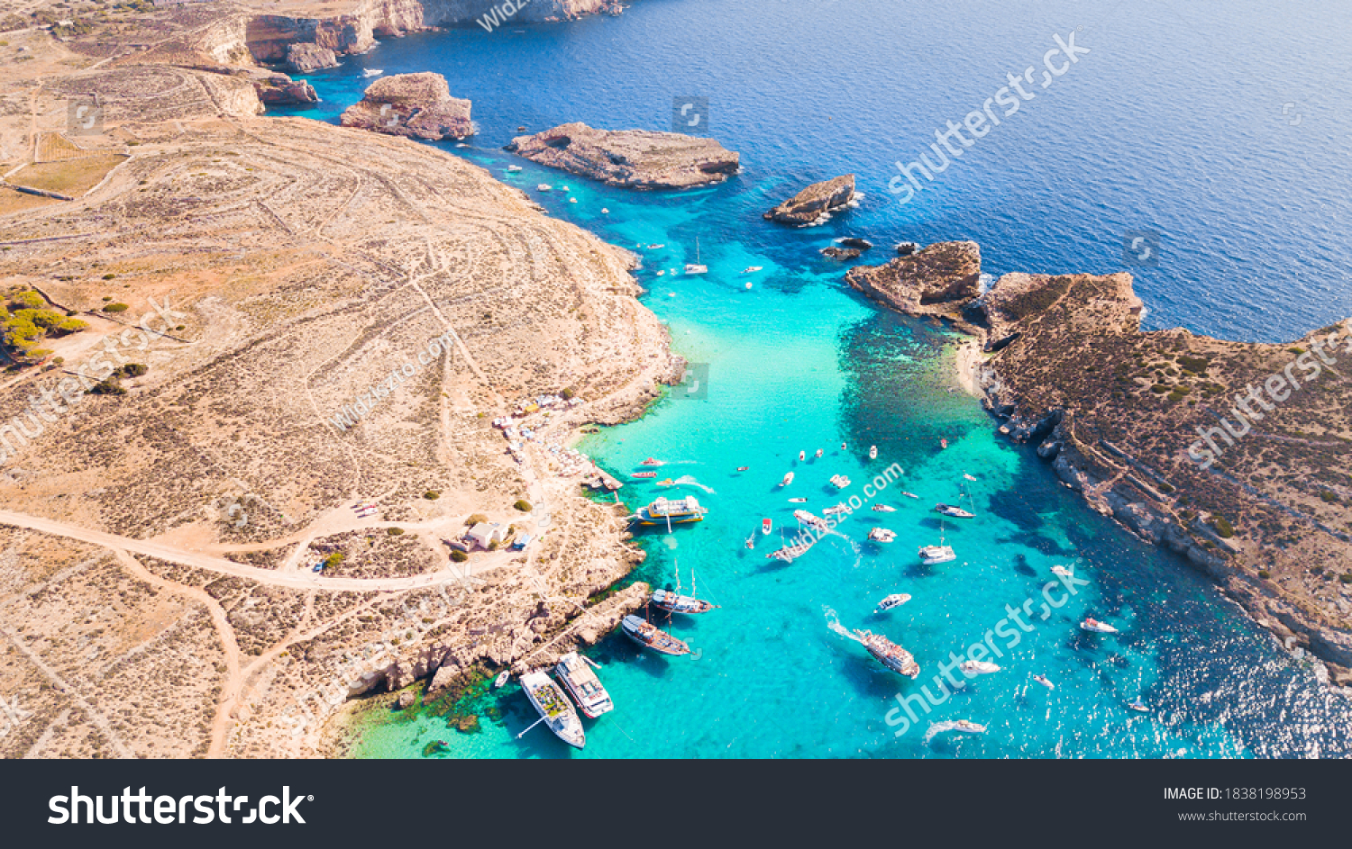 Drone shot of blue lagoon paradise, comino, Malta  #1838198953