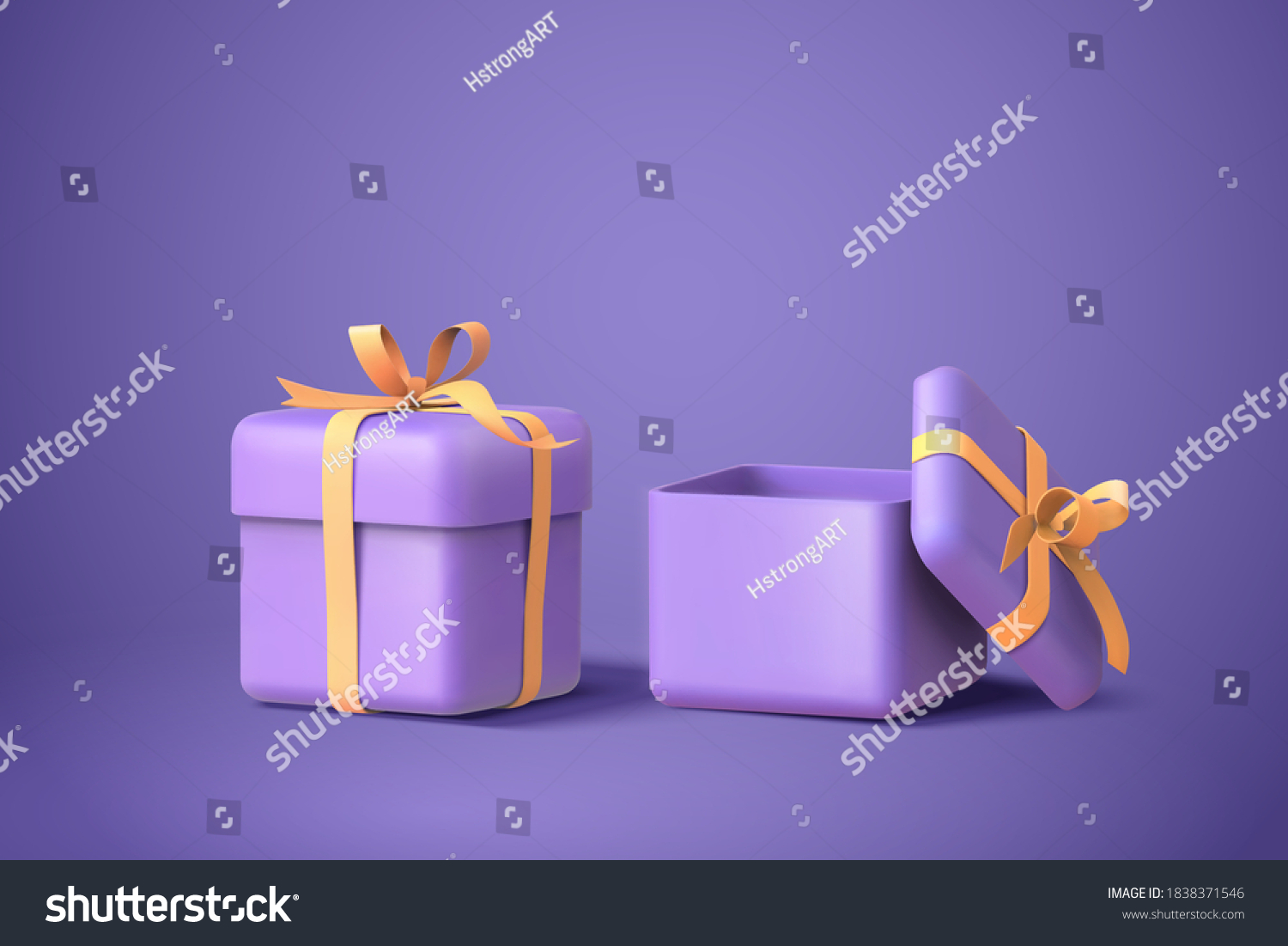 3d illustration of two purple gift boxes with bows and ribbons, isolated on purple background #1838371546
