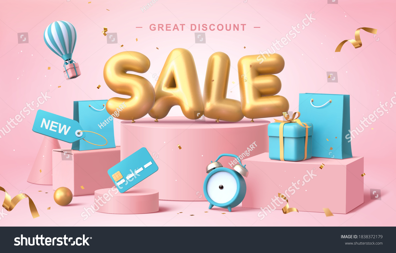 Sale poster in 3d pastel illustration, with cute balloon word on podium with some shopping related elements #1838372179