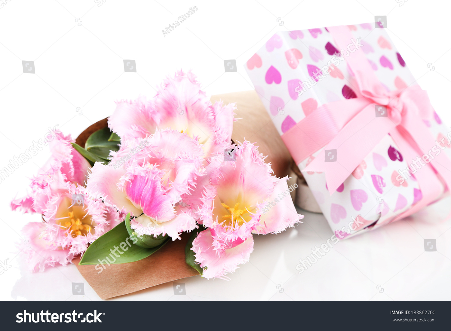 Beautiful tulips and gift box, isolated on white #183862700