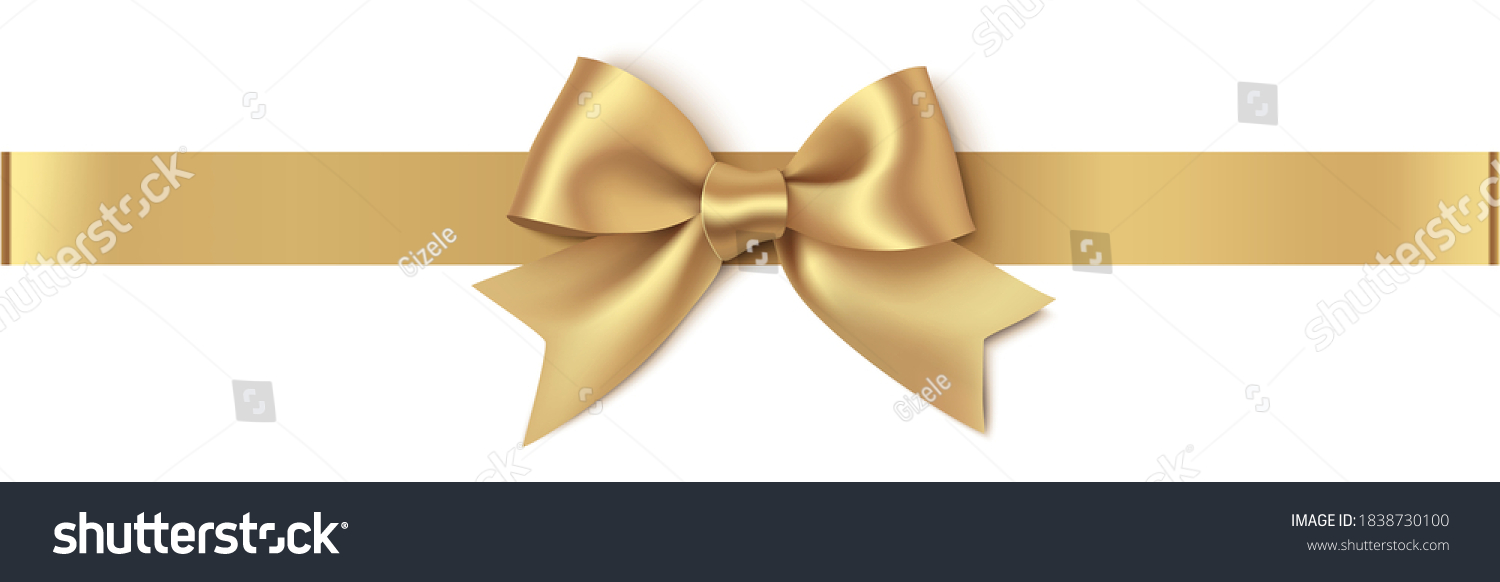 Decorative golden bow with horizontal gold ribbon isolated on white background. Christmas yellow bow. Vector illustration #1838730100