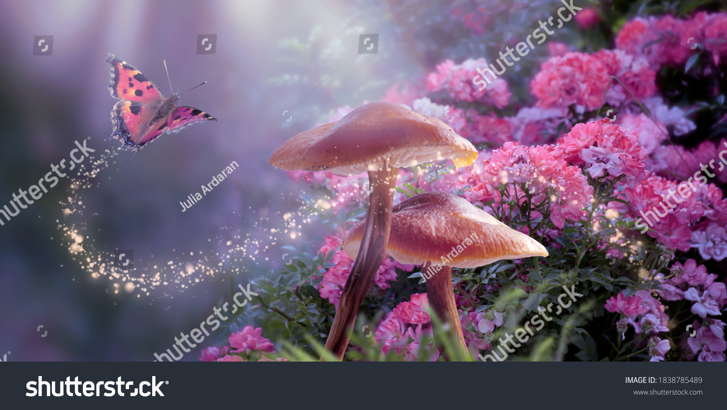 Fantasy Magical Mushrooms and Butterfly in enchanted Fairy Tale dreamy elf Forest with fabulous Fairytale blooming pink Rose Flower on mysterious Nature background and shiny glowing moon rays in night #1838785489
