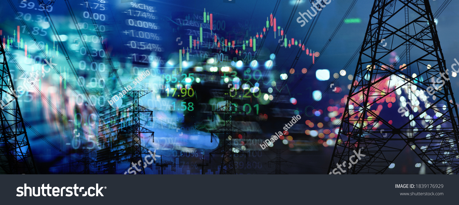 
market stock graph and index information with city light and electricity and energy facility banner industry and business background #1839176929