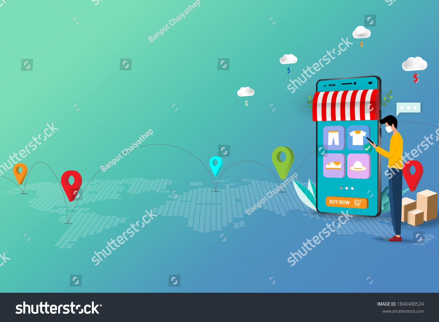 Concept of online shopping, young man standing and hold a smart phone that the display contain app icon of products list to order a new shirt in blue green shade color background . Vector 3D design. #1840400524