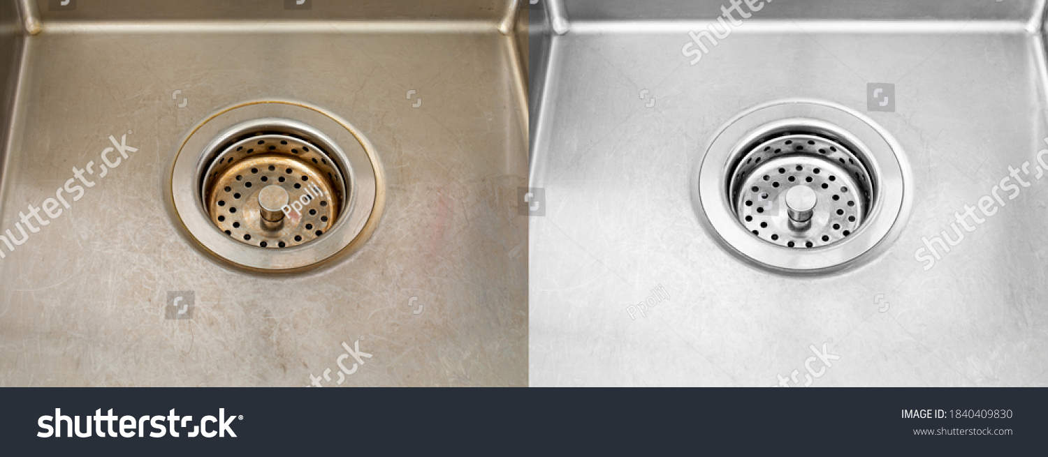 Compare image before - after cleaning with special detergent of the dirty stainless sink in a cafe that been using a long time with coffee wasted. Brown color from the coffee stain on a stainless sink #1840409830