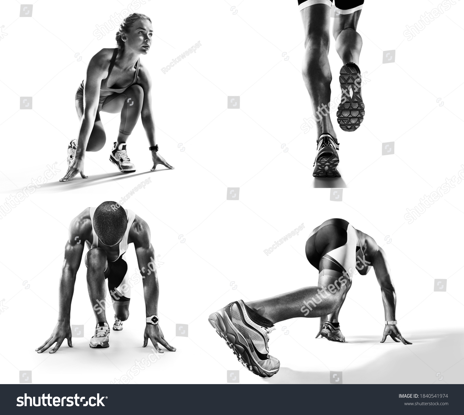Sports background. Runner feet running on road closeup on shoe. Runner on the start. Black and white image isolated on white. #1840541974