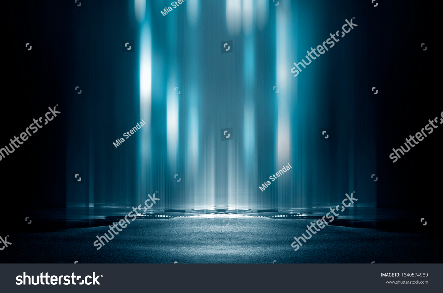 Light effect, blurred background. Wet asphalt, night view of the city, neon reflections on the concrete floor. Night empty stage, studio. Dark abstract background, dark empty street. Night city. #1840574989