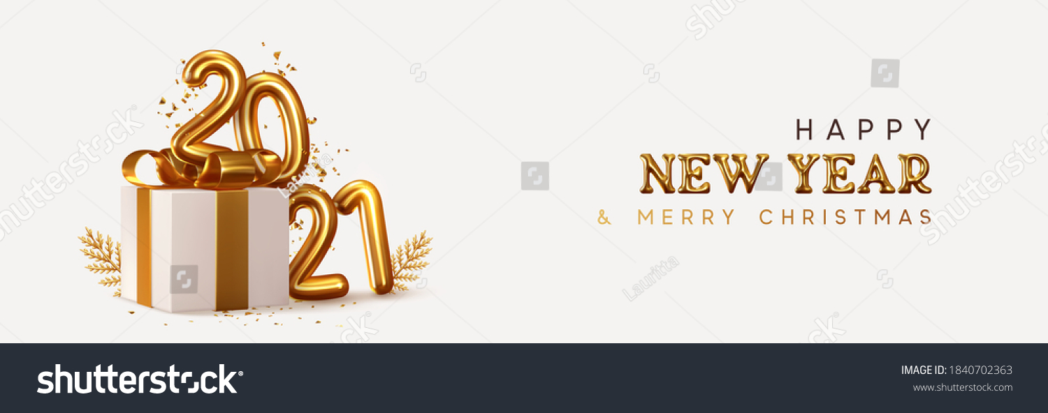 2021 Happy New Year. Realistic gift box Golden metal number. 3d render gold metallic sign and text letter. Celebrate party 2021. Christmas Poster, banner, cover card, brochure, flyer, layout design