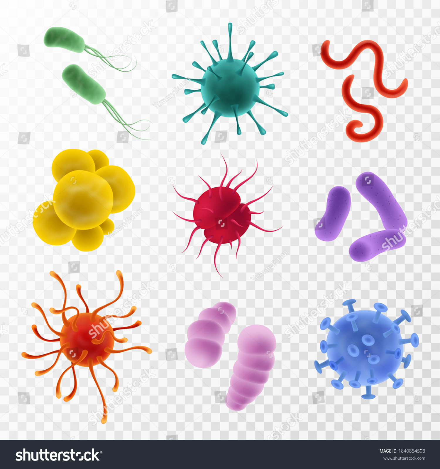 Realistic viruses. Types and microorganism colorful shapes. Bacteria, germs and bacillus flu and covid-19. Biological science laboratory, microbiology objects 3d vector on transparent background set #1840854598