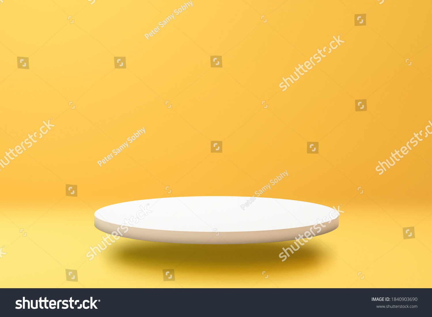 White podium shelf or empty pedestal display on vivid yellow summer background with minimal style. Blank stand for showing product. 3D rendering. #1840903690